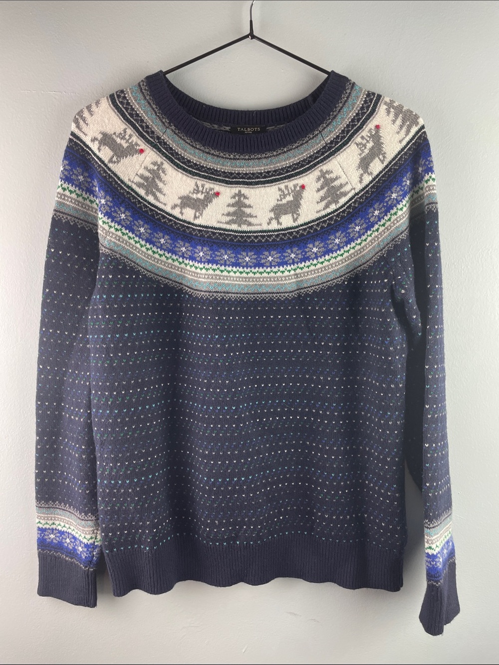 Talbots Navy Fair Isle Crewneck Wool Sweater with Reindeer Motif Size Mp